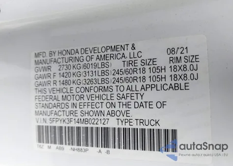 2021 Honda Ridgeline Awd Sport из США, поврежденный, VIN 5FPYK3F14MB022127